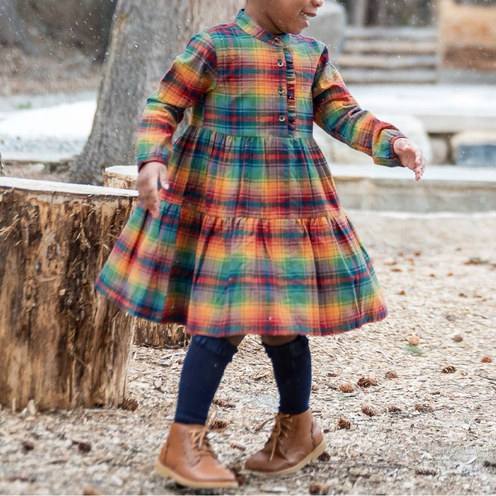 RuffleButts Storybook Rainbow Plaid Ruffle Henley Tiered Dress - 4T